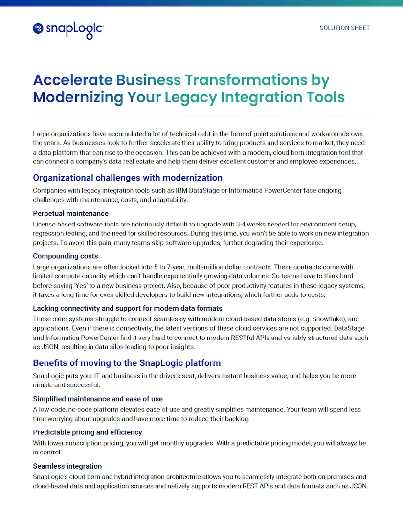 Accelerate Business Transformations by Modernizing Your Legacy Integration Tools solution sheet thumbnail