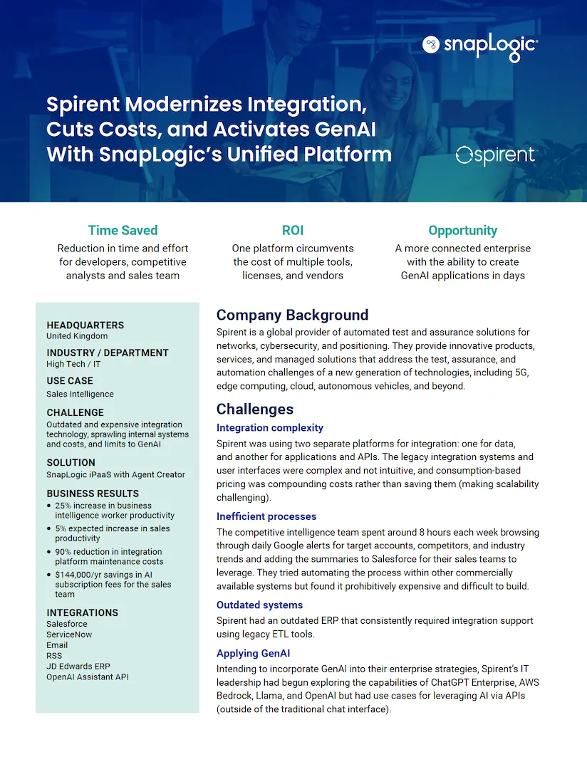 Spirent modernisiert die Integration, senkt die Kosten und aktiviert GenAI mit der Unified Platform von SnapLogic Fallstudie