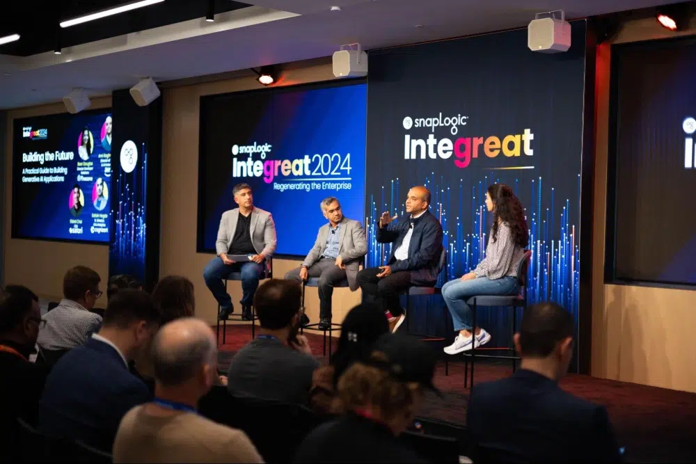 Partner Panel at Integreat 2024 on practical strategies for implementing GenAI, featuring guests from Cognizant, AWS, Satori Cyber and Pinecone