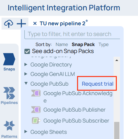 Schaltfläche "Testversion anfordern" zum Ausprobieren neuer Snap Packs in SnapLogic