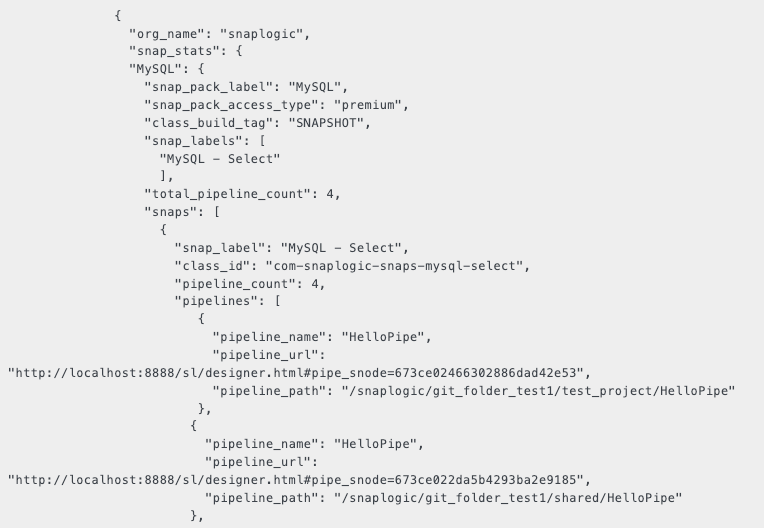 Response snippet from a ‘Snap Statistics’ API call’ for MySQL Select Snap